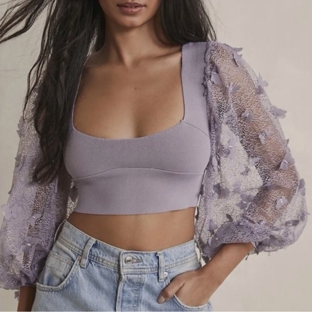 Free People Intimately Top Flutter By Crop Butterfly Sleeve Lilac Size XS NWT